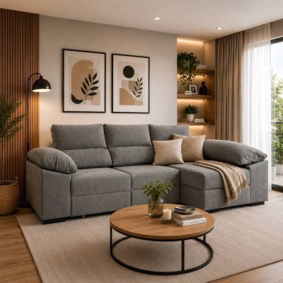 VILELA Sofá Chaise Longue c/ Cama, Puffs e Baú